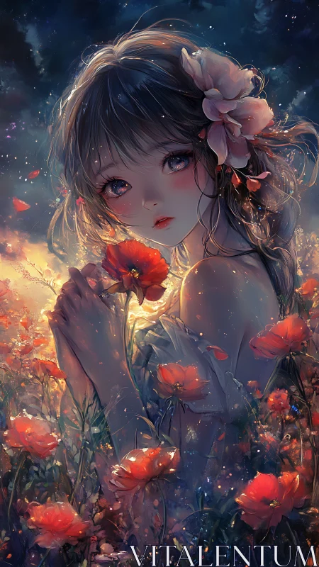 Dreamy anime girl stands in glowing twilight flower field
