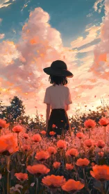Back view of figure in flower field under tall sunset clouds.