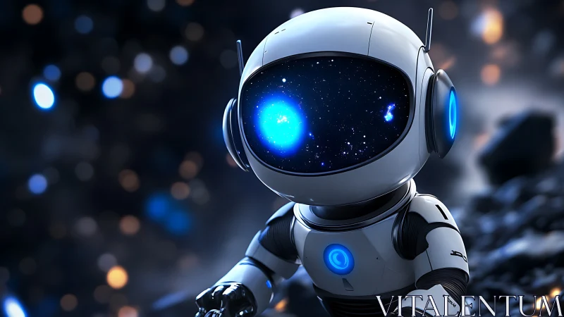 Small spherical robot stands in rocky, defocused terrain