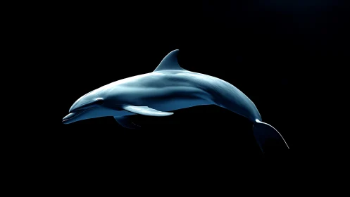 Single dolphin rendered against dark underwater backdrop.
