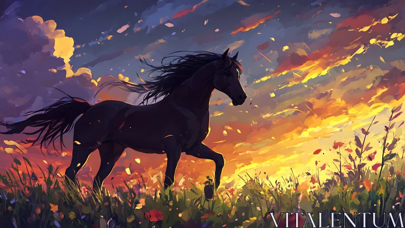 Black stallion runs through blazing floral sunset field.