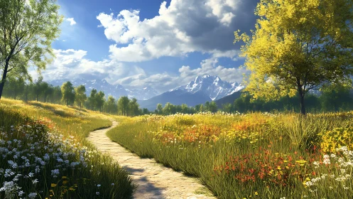 Procedurally rendered alpine meadow path under volumetric sky.