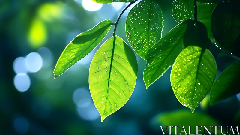 Backlit green leaves hold dewdrops against soft bokeh light