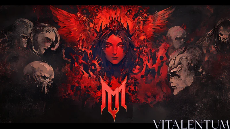 Winged central figure with surrounding spectral faces in red.