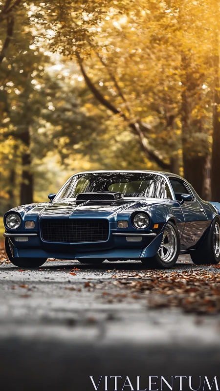 Restored blue muscle car under glowing autumn canopy.