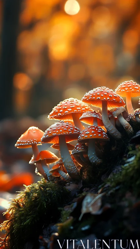 Fly agaric mushrooms glow against blurred autumn forest bokeh