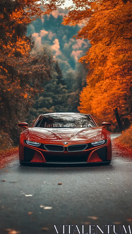 Photorealistic red sports coupe on autumn forest roadway frontview.