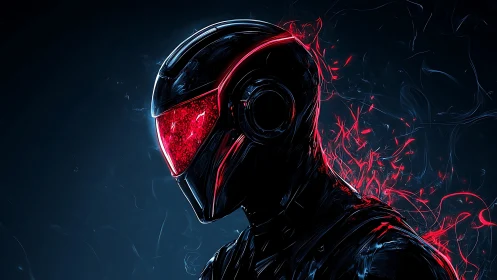 Cybernetic visor sentinel with red energy plume profile study.