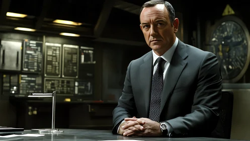 Photorealistic executive portrait in control-room interior design.