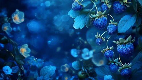 Digital painting of luminous blue strawberries in nocturnal garden.