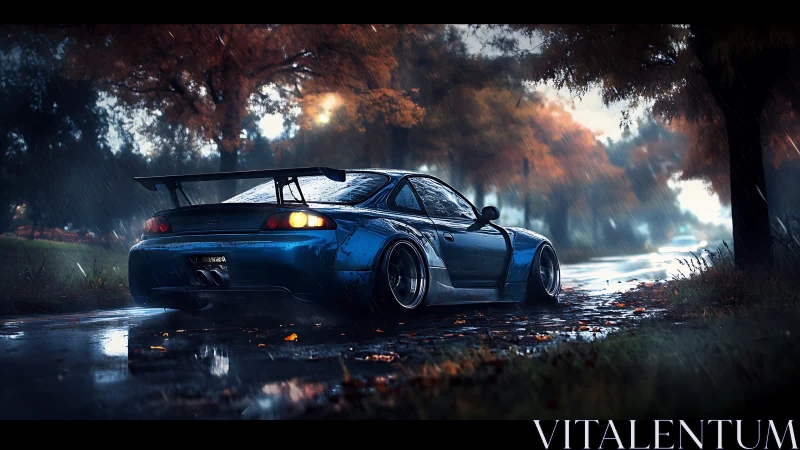Widebody drift coupe in rain-soaked autumn roadside scene.