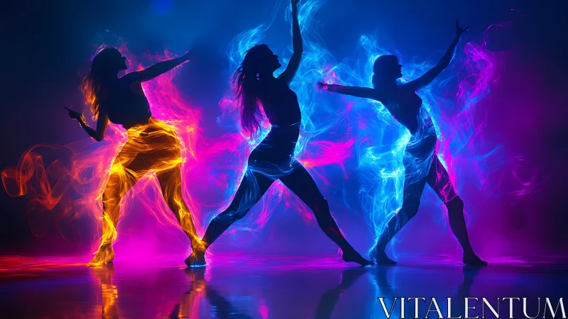Neon silhouette dancers wrapped in swirling light trails.