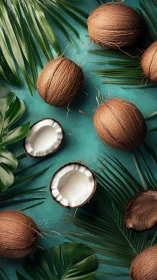 Top-down tropical coconuts and foliage on teal textured surface.