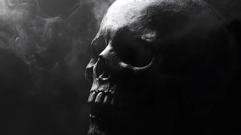 Monochrome human skull emerging through cinematic swirling smoke.