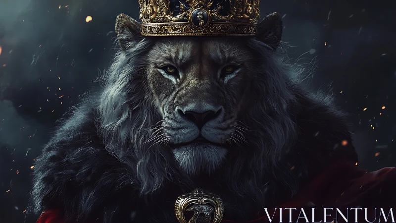 Regal leonine sovereign with baroque crown in low key lighting.