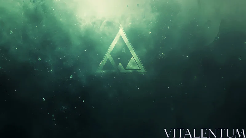 Glowing geometric triangle logo in dark green smoke field.