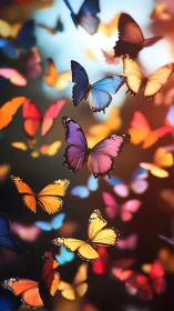 Colorful butterflies drift through glowing bokeh light