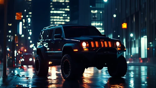 Midnight city SUV glowing against rainy neon streets.