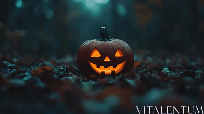 Glowing jack-o’-lantern smiles in a misty forest floor scene.