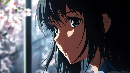 Side profile of anime girl near window and blossoms.