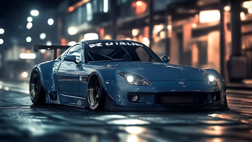 Midnight street missile glides under neon city halos.