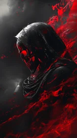 Hooded skeletal figure in profile with red energy swirl.