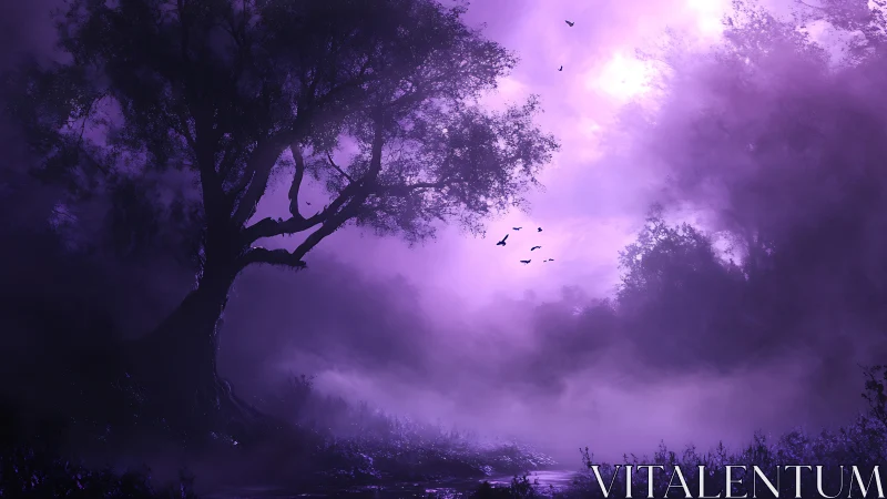 Twilight forest tree rises through luminous violet fog.