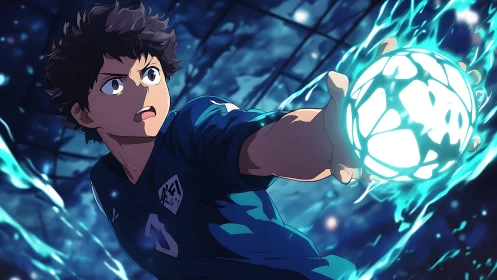 Anime striker channels glowing energy for a decisive shot.