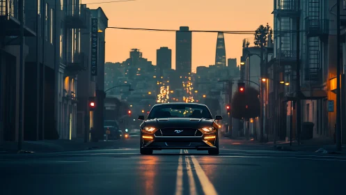 Modern muscle coupe at dusk on urban boulevard, frontal view