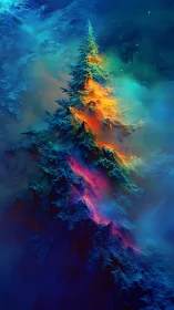 Luminous pine tree rising through vivid cosmic fog.