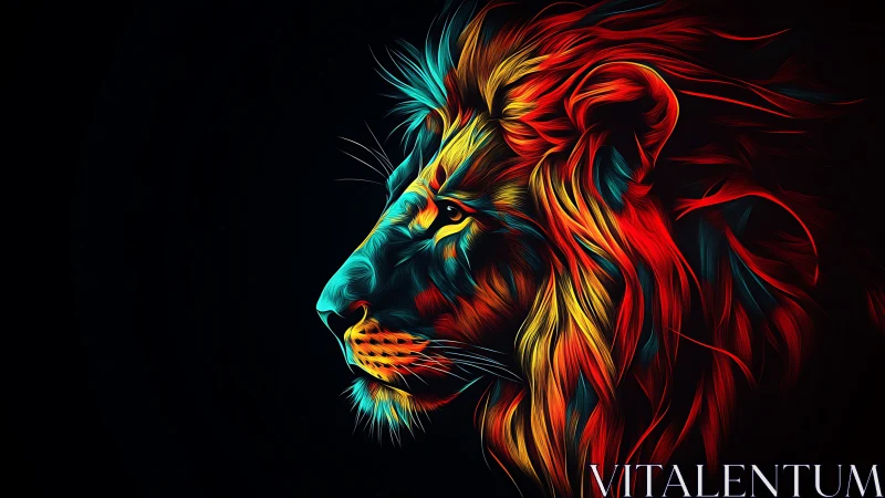 Neon lion profile pulses with vivid streaks of color.