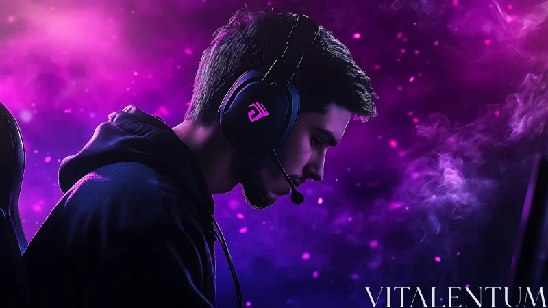 Side profile of headset user against purple backlit fog