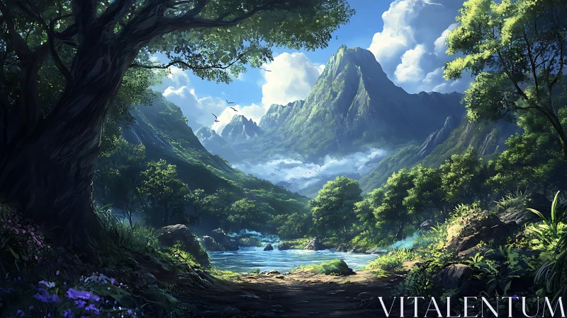 Digital landscape renders misty valley with mountains and river