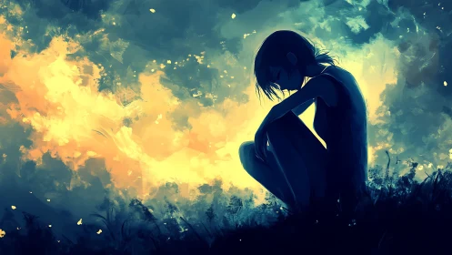 Silhouetted girl in contemplative pose amid luminous sky gradients