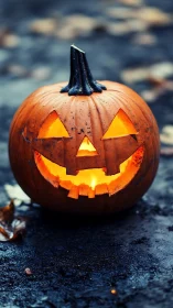 Carved jack o’lantern with warm candle glow on wet pavement.
