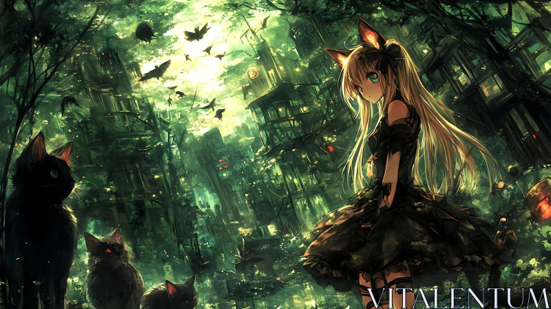 Midnight catgirl guardian wandering a neon-drowned forest city.