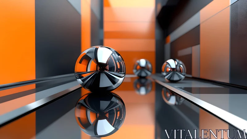 Chrome spheres on reflective orange geometric corridor.