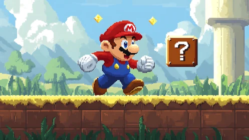 Cheerful pixel hero runs toward a mystery block in bright world