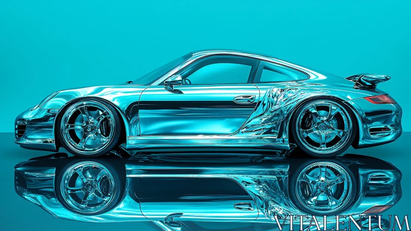 Chrome sports coupe reflected on glossy cyan surface.