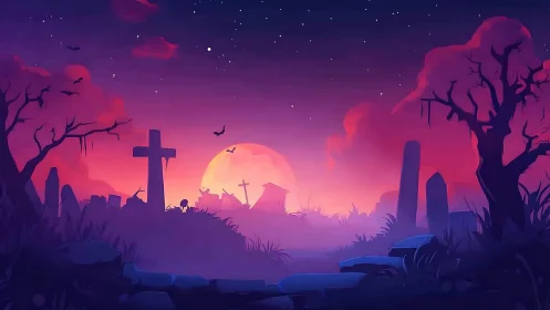 Digital painting sunset graveyard with silhouettes and bats.