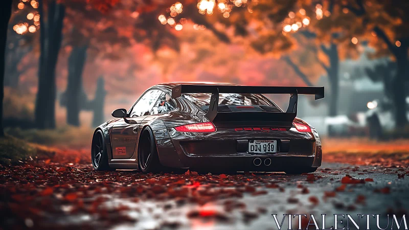 Photorealistic Porsche rear profile on autumn forest lane.