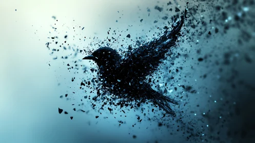Shattering raven silhouette takes flight in sparkling blue mist