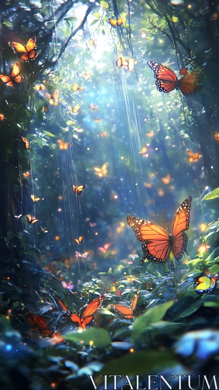 Monarch butterflies drift through luminous rainlit jungle clearing
