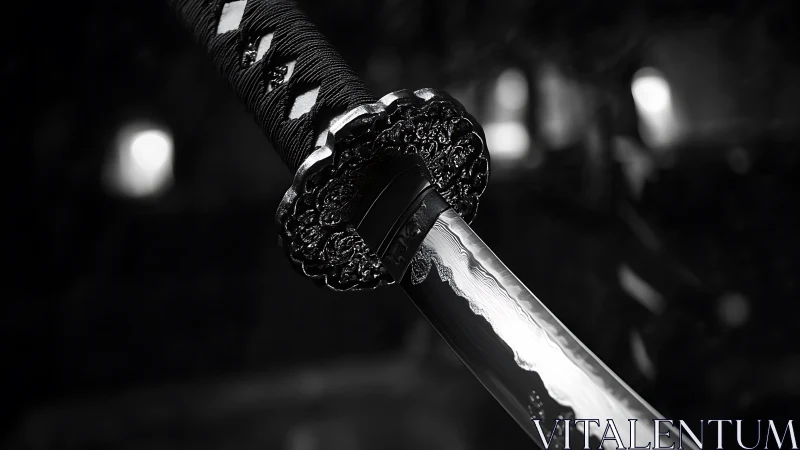 Katana blade glows in dramatic monochrome close-up detail.