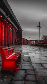 Red bench glows against moody city street in the rain.