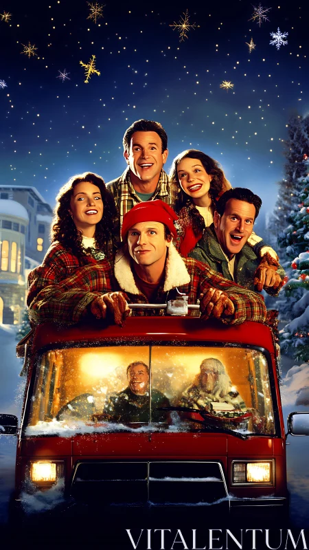 Group on red vehicle in snowy nighttime holiday setting.