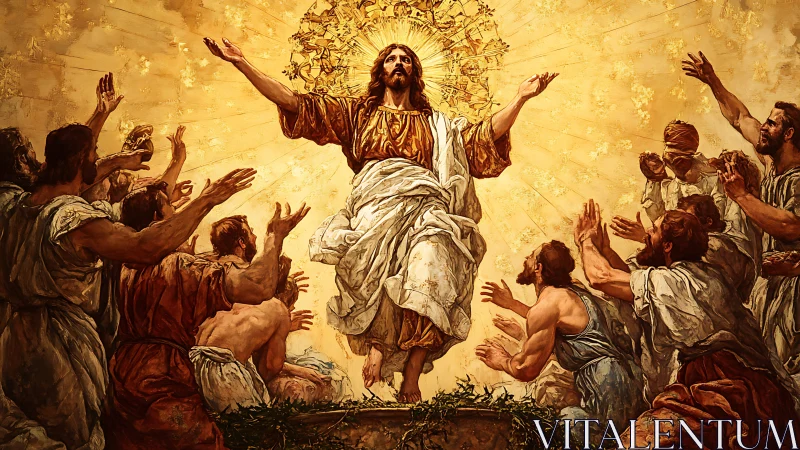 Dramatic ascension tableau with robed central figure and disciples