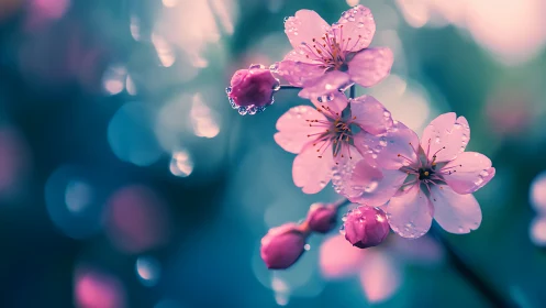 Pink Blossoms with Water Droplets Against Blurred Teal Background