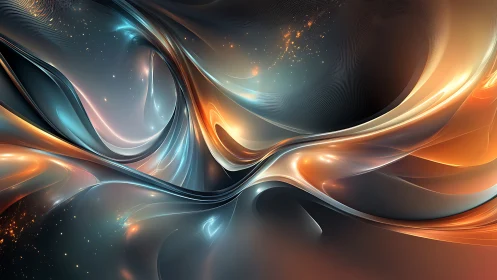Luminous metallic ribbons in flowing abstract space composition.