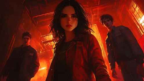 Trio in crimson corridor under cinematic rim lighting.